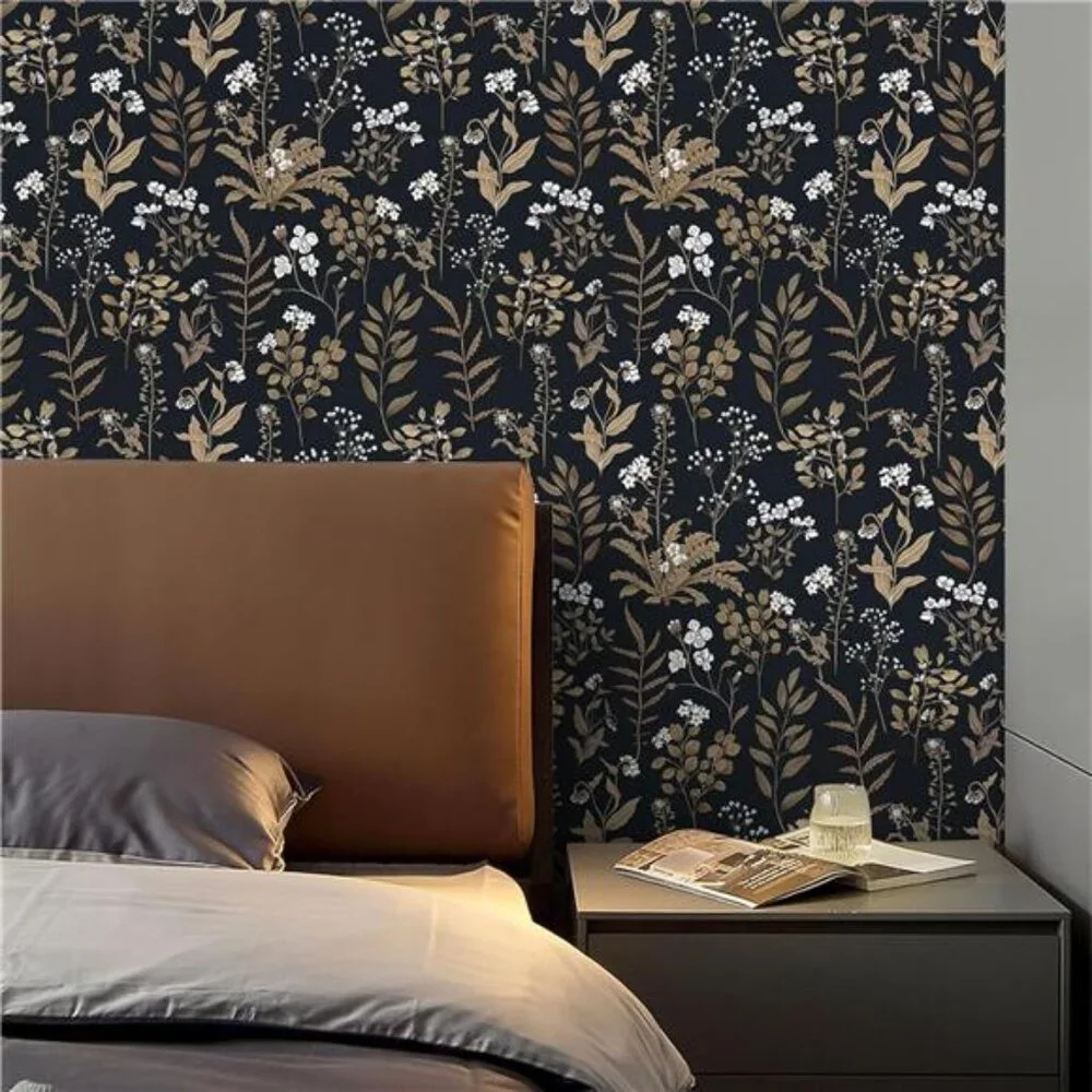 Black Floral Peel and Stick Wallpaper, Vintage Leaf Flower Contact